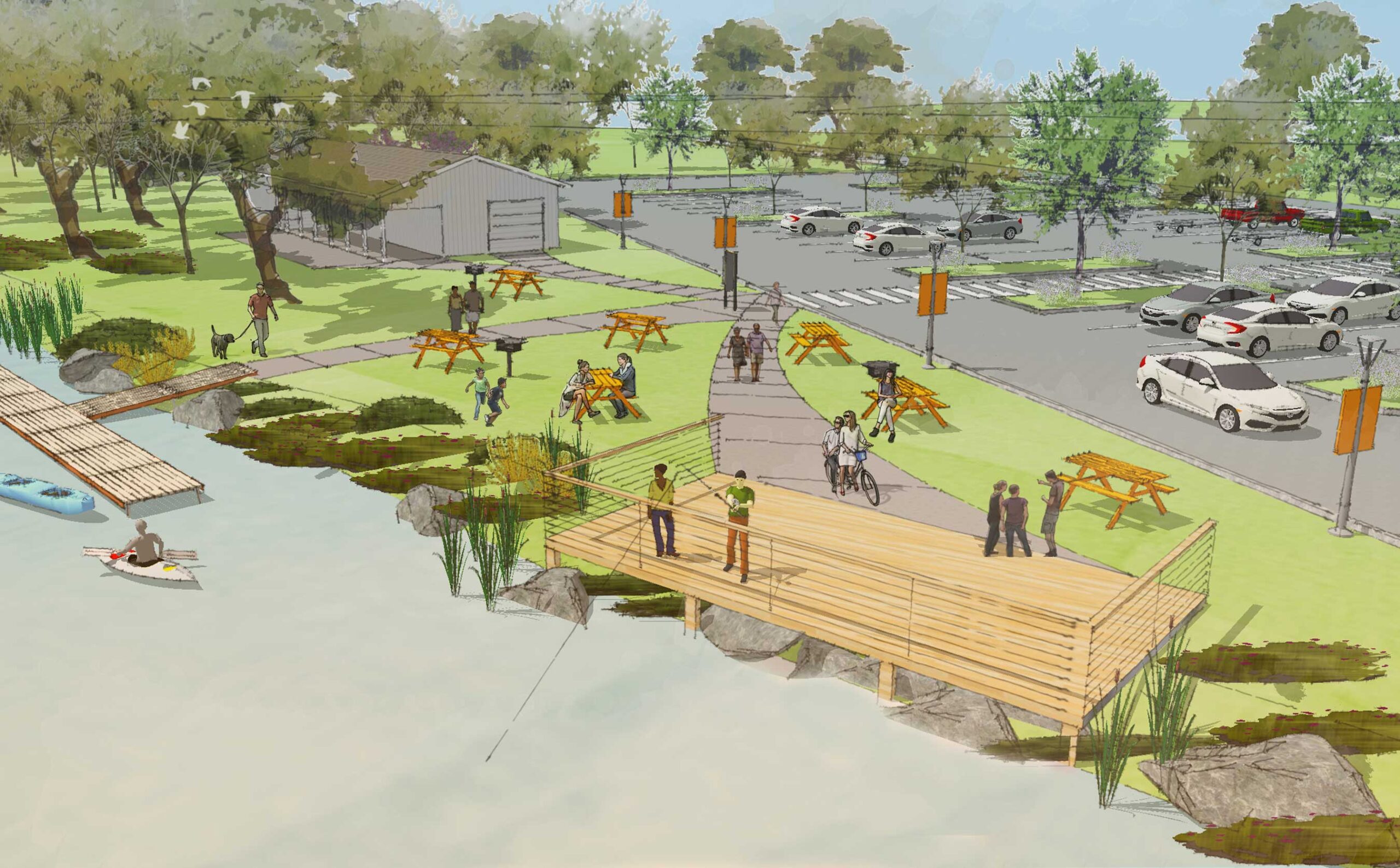 People fishing, sitting at benches, and enjoying the outside amenities.