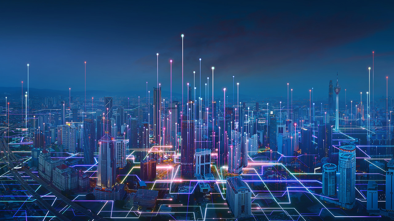 Conceptual image of a city made of broadband fibers