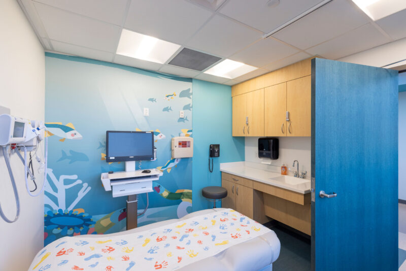 Patient room in pediatrics hospital designed to look like a fun underwater space