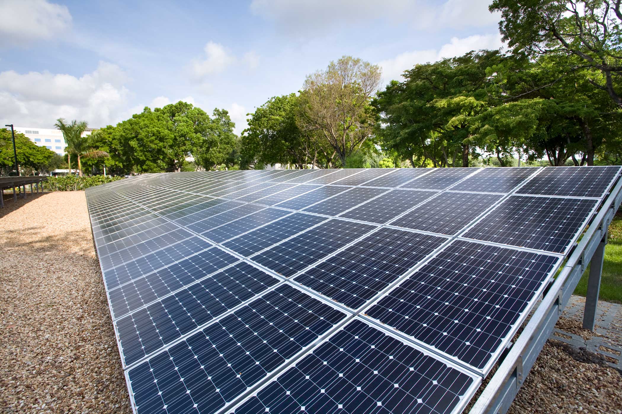 Solar panels displayed outside on a gravel pathway.