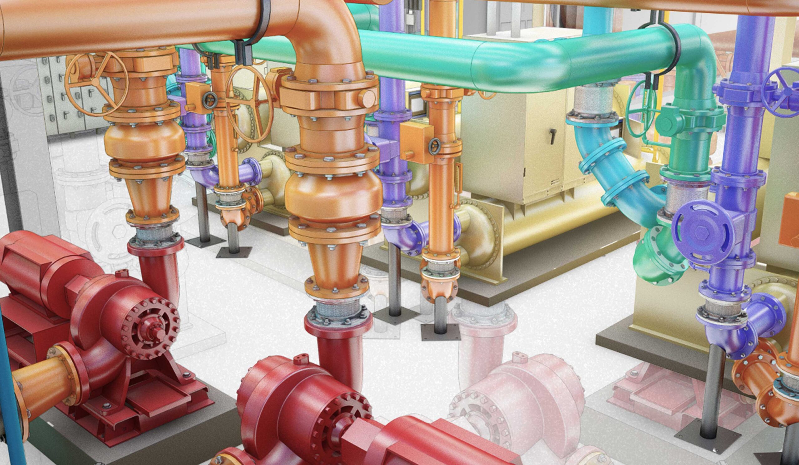 Multicolor pipe system in a 3D Chiller Plant.