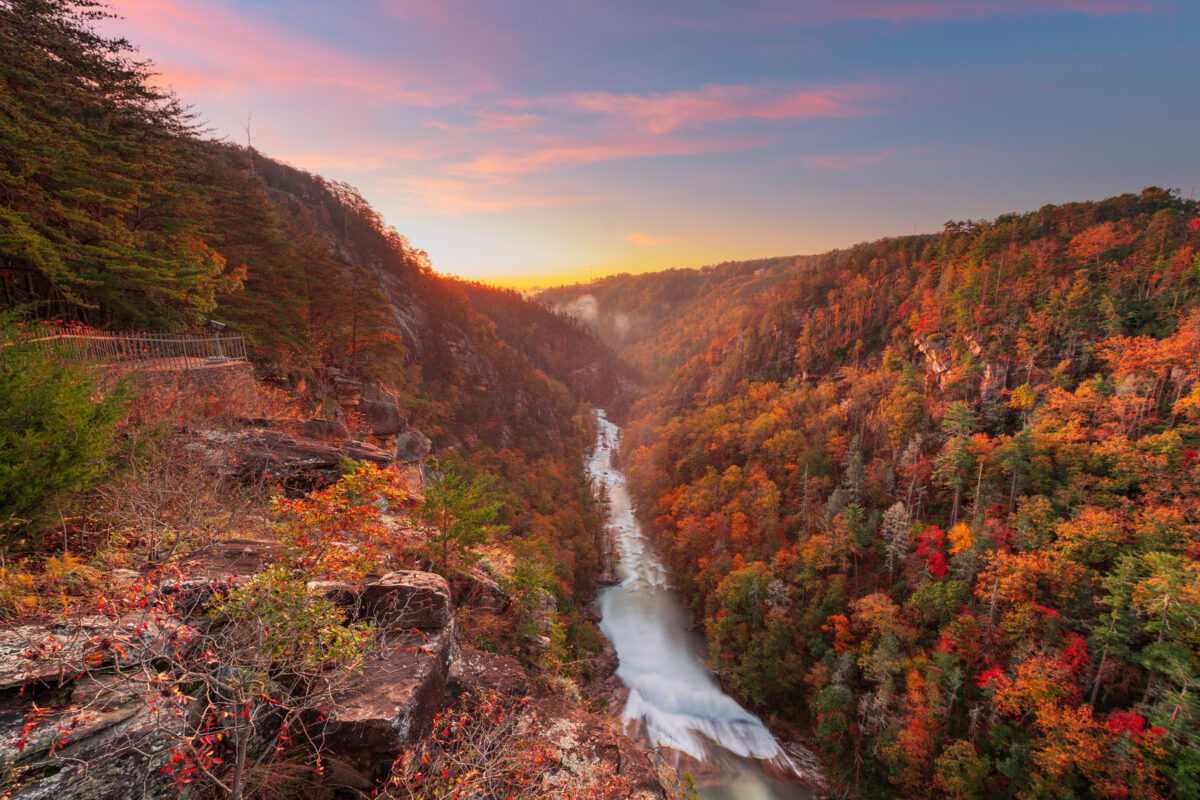 Tallulah Falls, Georgia, USA overlooking Tallulah Gorge in the autumn season.