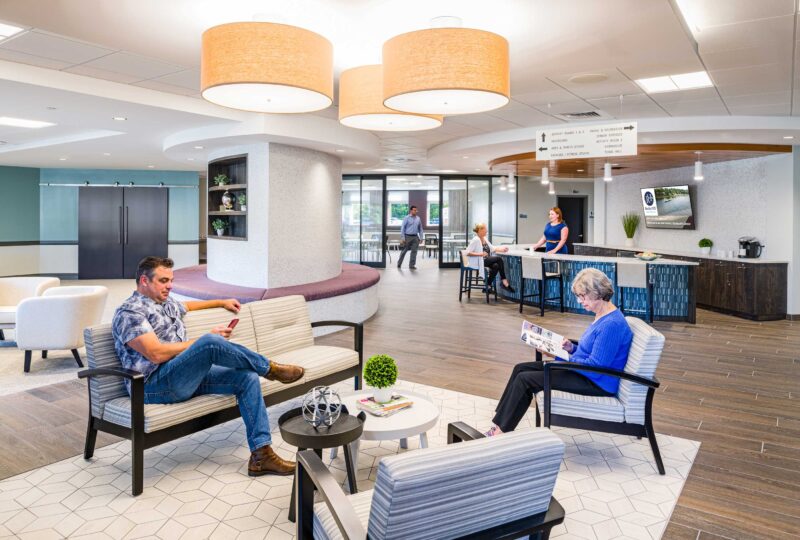 Adults and senior citizens gathered in the lobby of the Rocky Hill Senior Community Center.