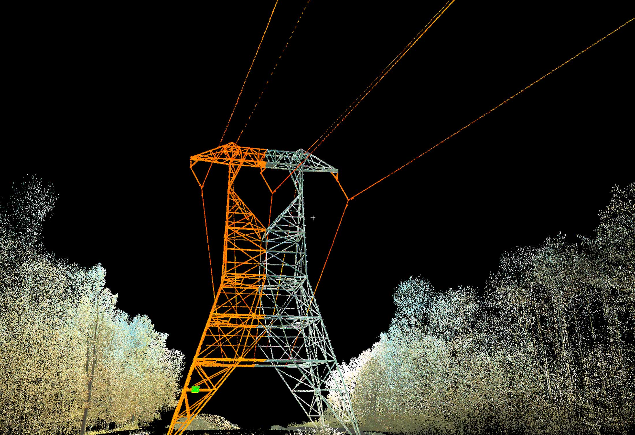 Catenary tower scan of a standalone telecom  tower surrounded by trees in the middle of the night.