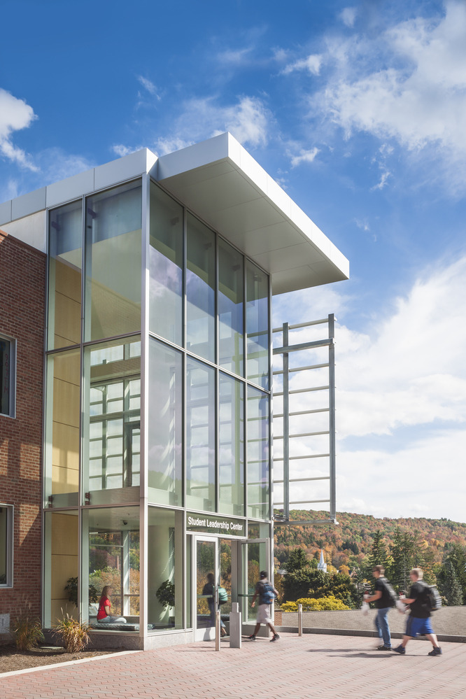 Architectural glass entrance at the Alfred State College Student Leadership center