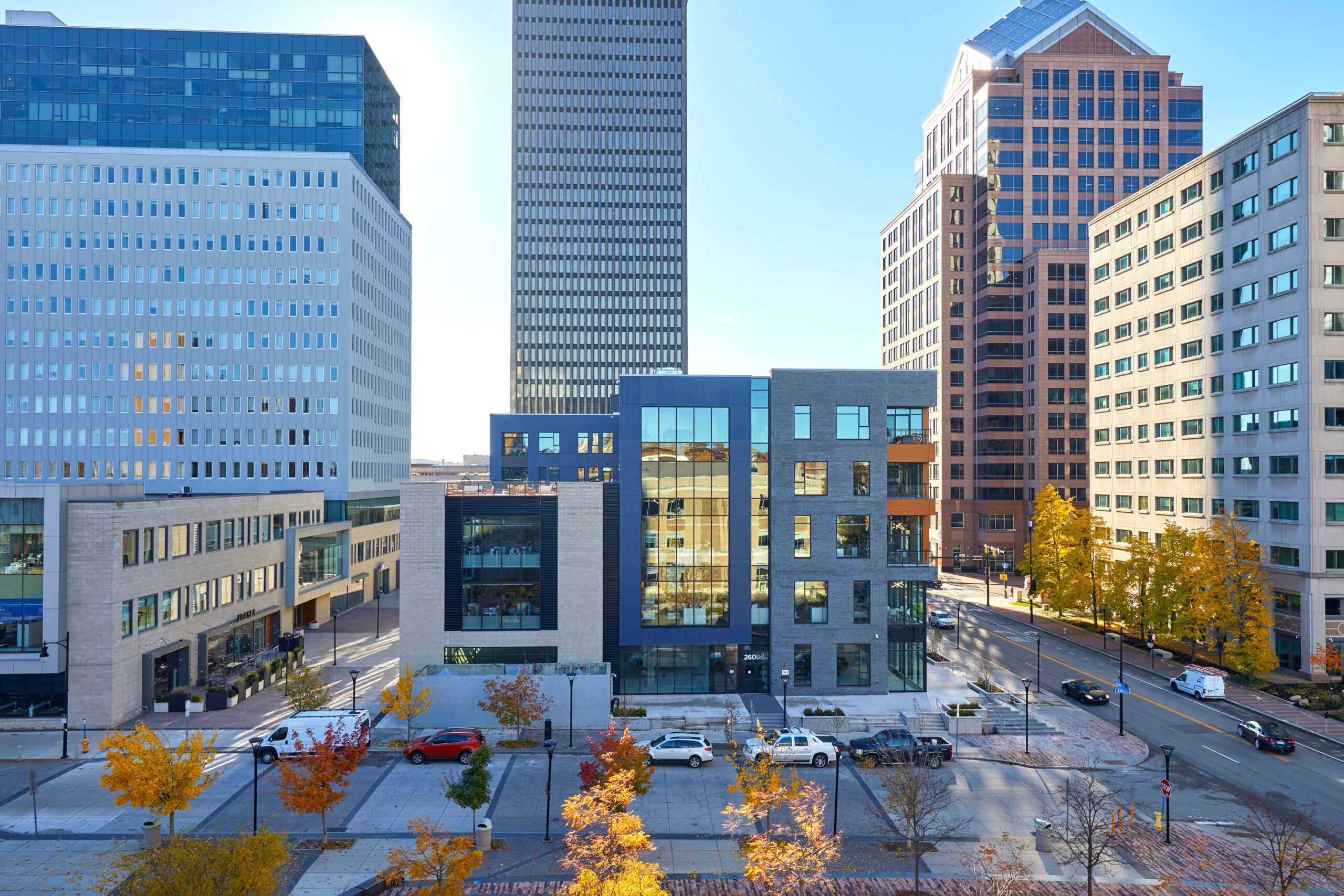 Front facade of 260 East Broad Street, a five-story mixed-use development in downtown Rochester, NY