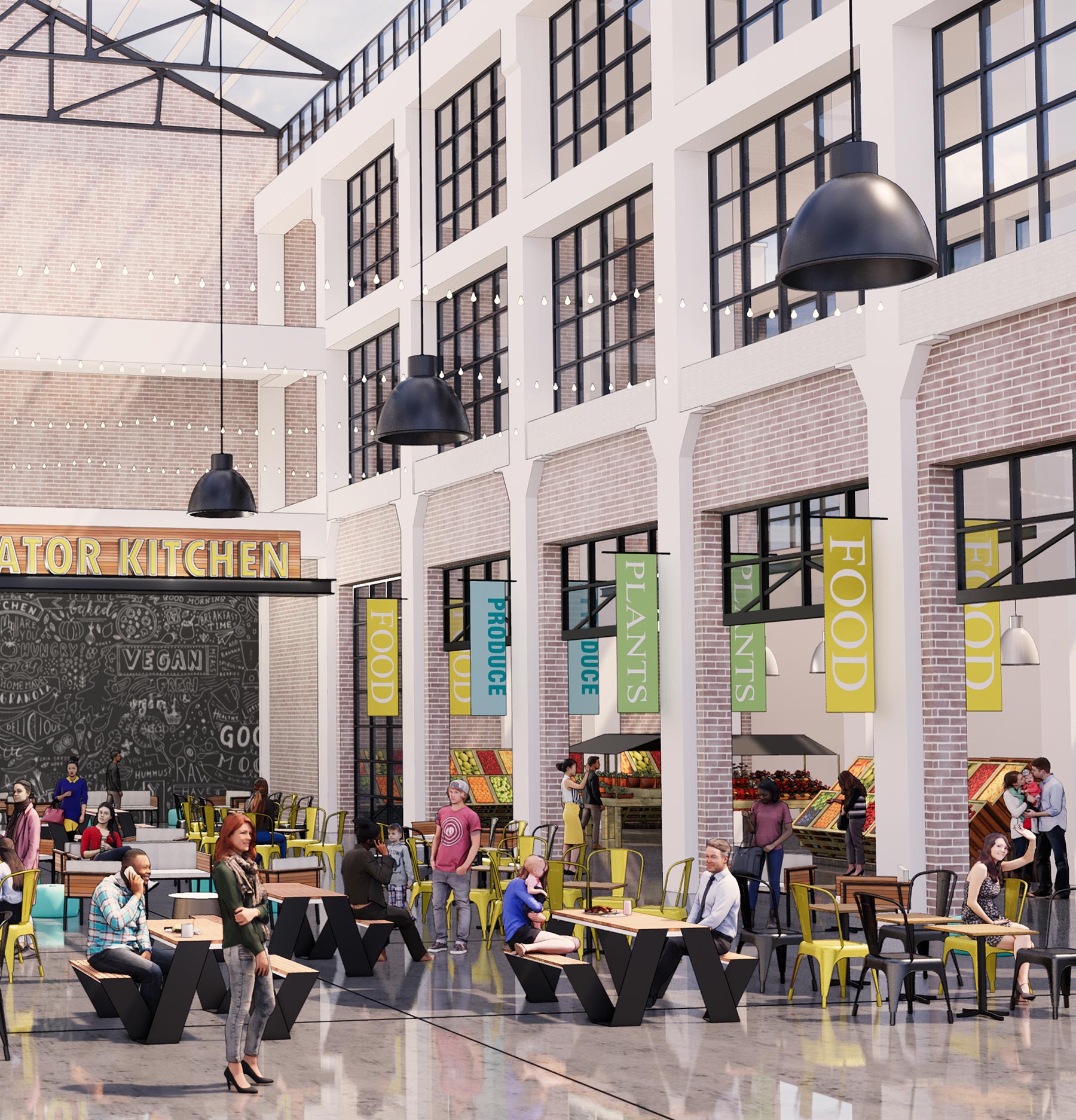 Rendering of Lockport Incubator Kitchen, an indoor/outdoor gathering space for visitors to eat and shop.
