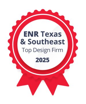 Red awards ribbon that reads ENR Texas & Southeast Top Design Firm 2025