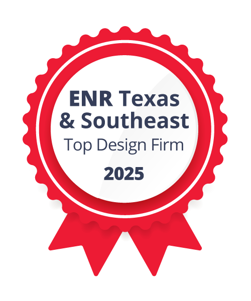 Red awards ribbon that reads ENR Texas & Southeast Top Design Firm 2025