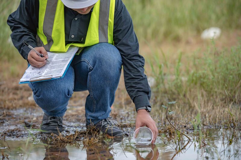 Environmental engineers inspect water quality, bring water to the lab for testing, check the mineral content in water and soil, and check for contaminants in water sources.