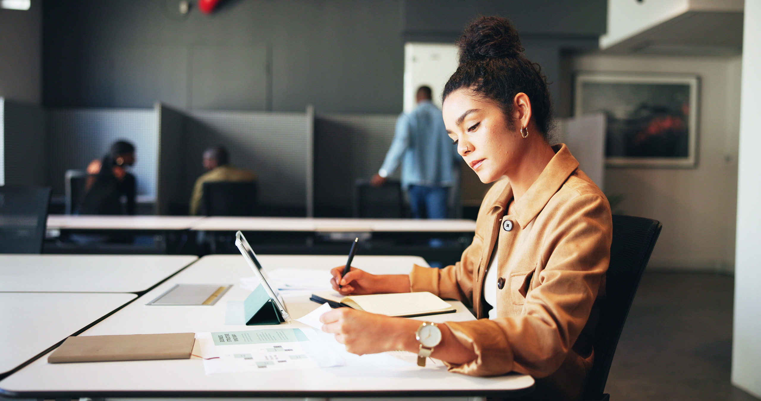 Professional analyzes paperwork and writes responses.