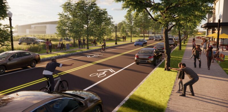 Cars and bicyclists traveling to their destinations alongside pedestrians.