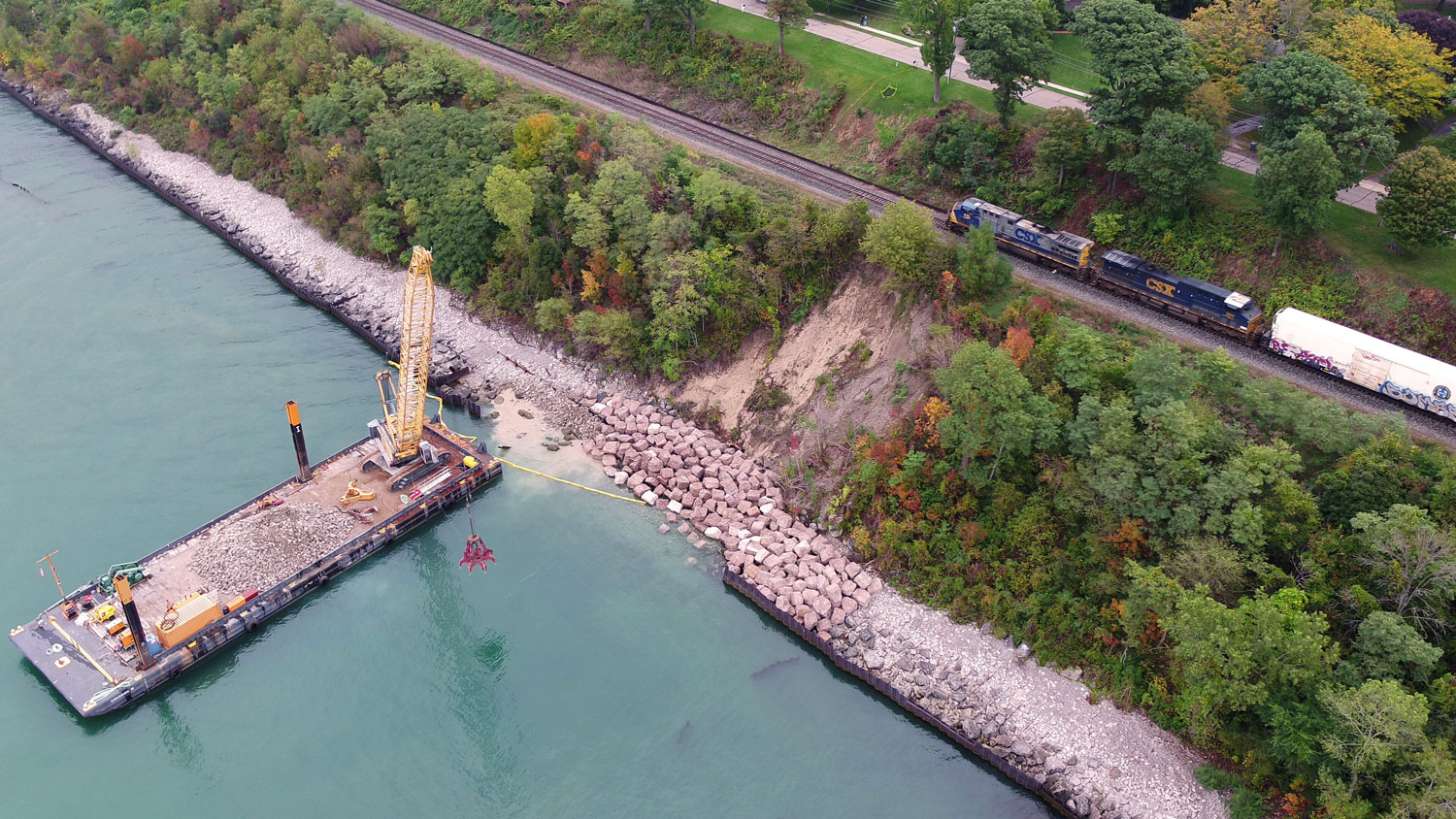 Seawall repair in progress