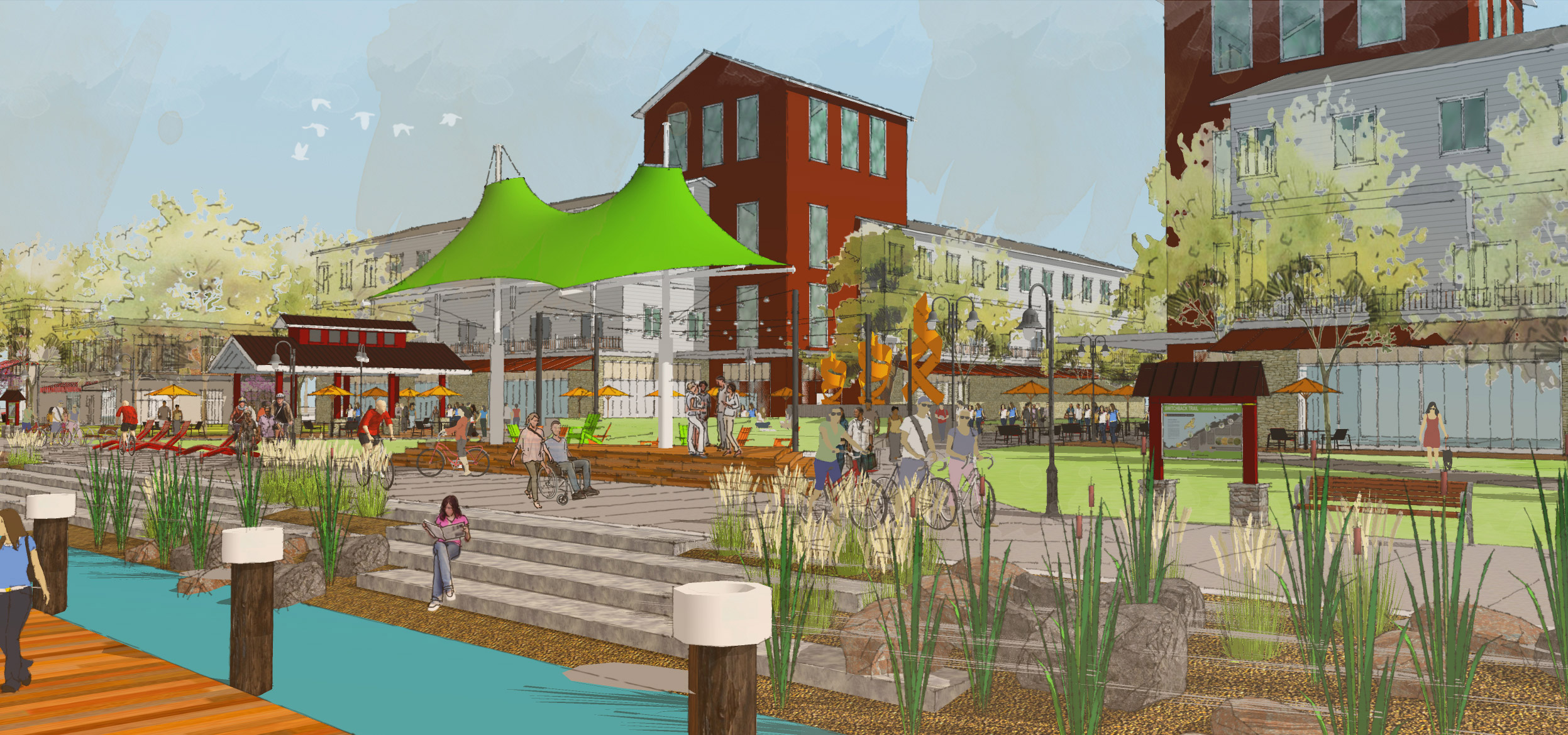 Urban planning rendering of a waterfront streetscape 