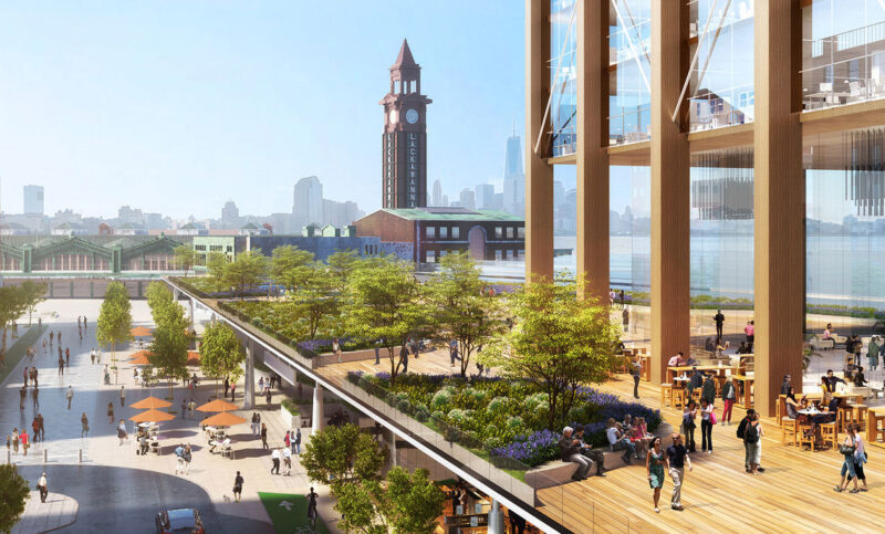 Rendering of the redeveloped Hoboken Yard showcases a multistory indoor/outdoor space for shopping, restaurants and community space.