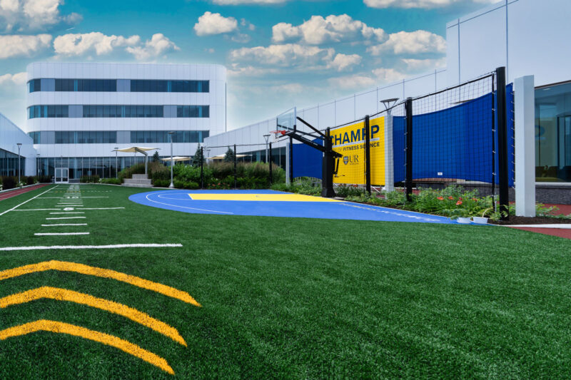 Synthetic turf, basketball court, and track lane for physical rehab at University of Rochester Medical Center