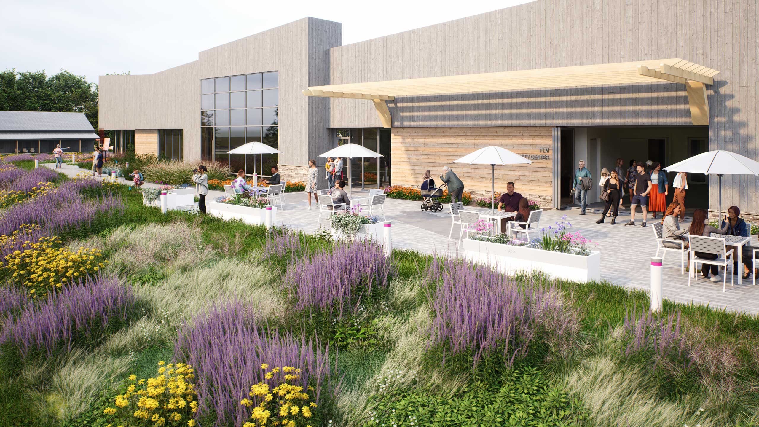 Rendering of the back plaza of the Saunders Finger Lakes museum highlighting seating areas, native plantings, and shaded overhangs.