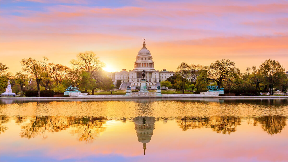 The United States Capitol building in Washington DC, sunrise
