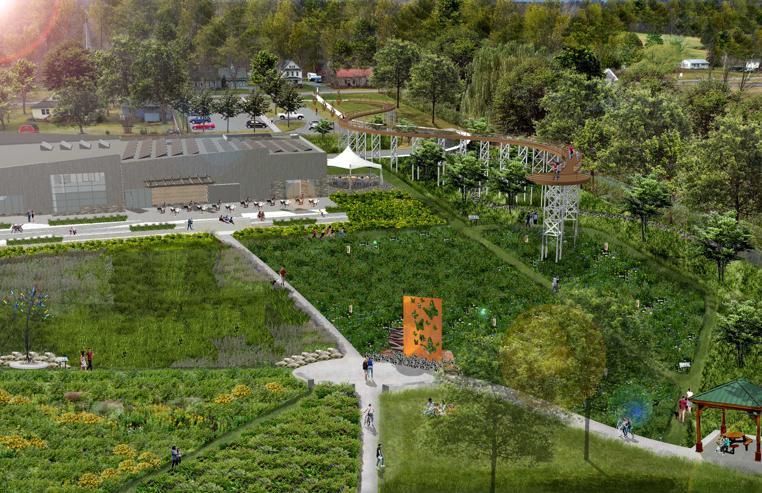 Phase 2 rendering of the Saunders Finger Lakes Museum highlighting an elevated walkway, sidewalks, and interpretive art interspersed throughout the campus.