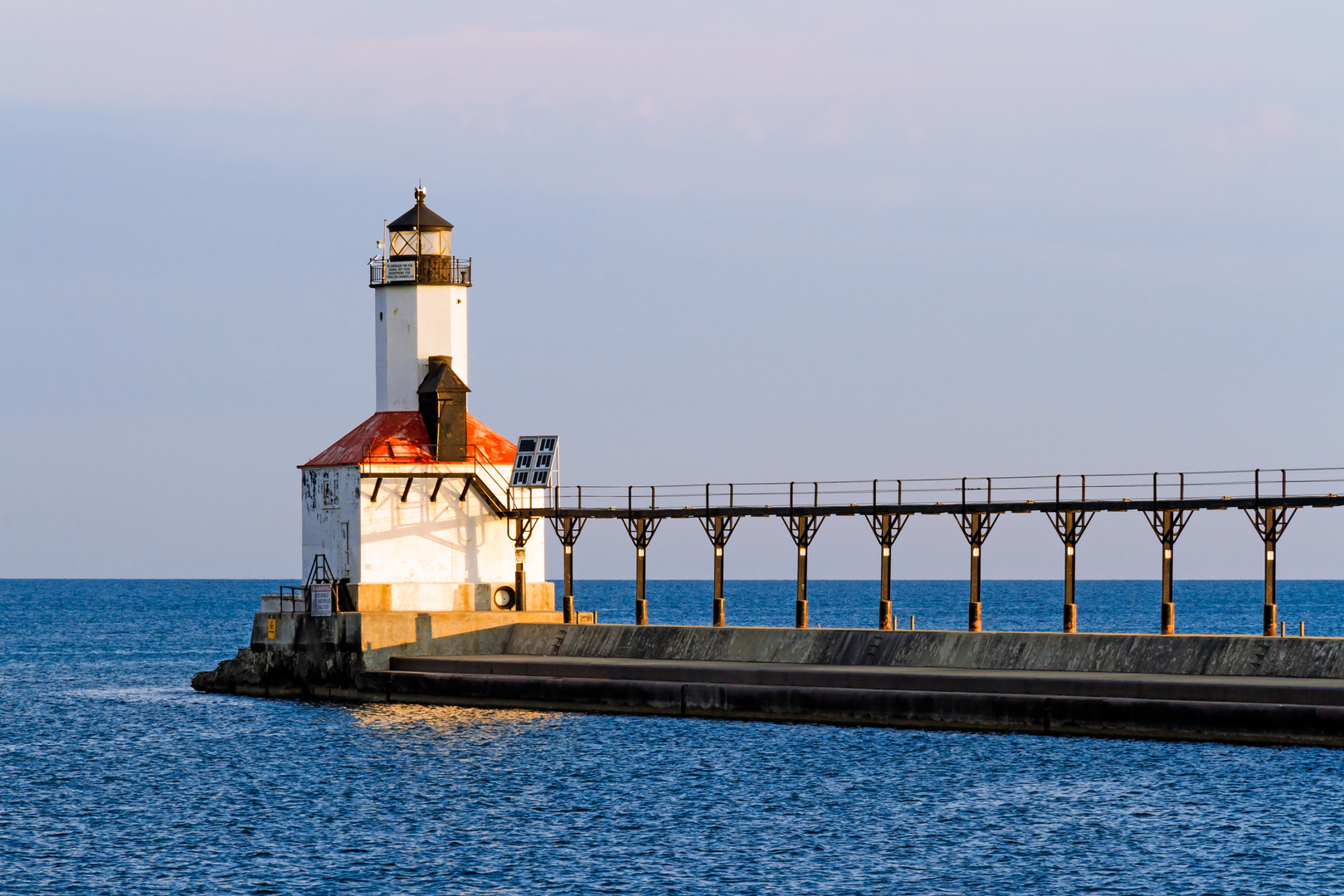 The East Pierhead LIghthouse at Michigan City, Indiana with its elevated catwalk approach