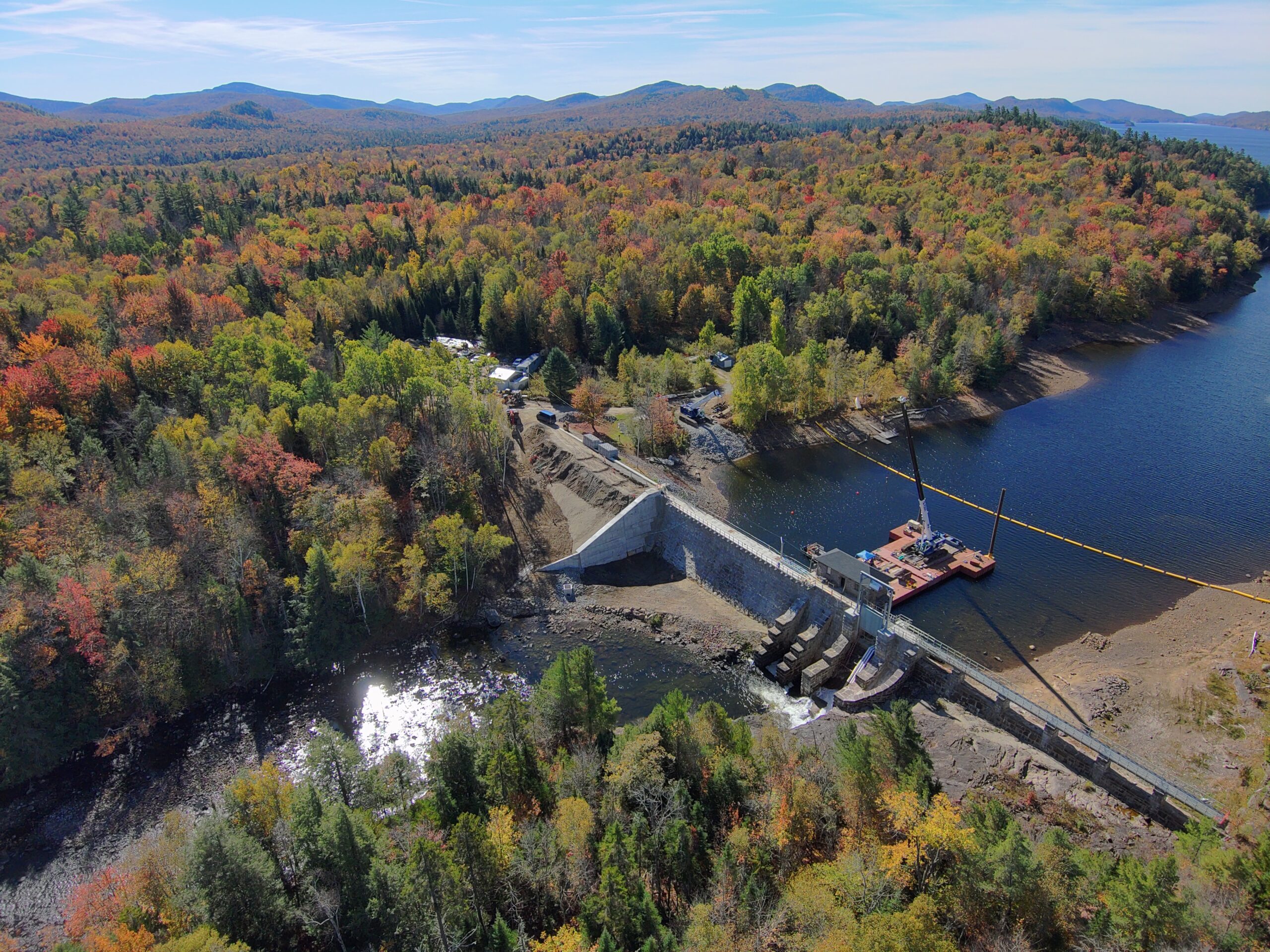 Birdseye view of Indian Lake Rehabilitation Project with colorful foliage.