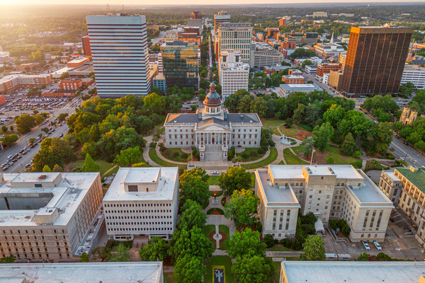 Columbia, South Carolina, USA downtown cityscape at dusk.