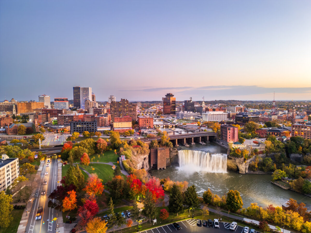 Rochester, New York, USA downtown city skyline at dusk in autumn.