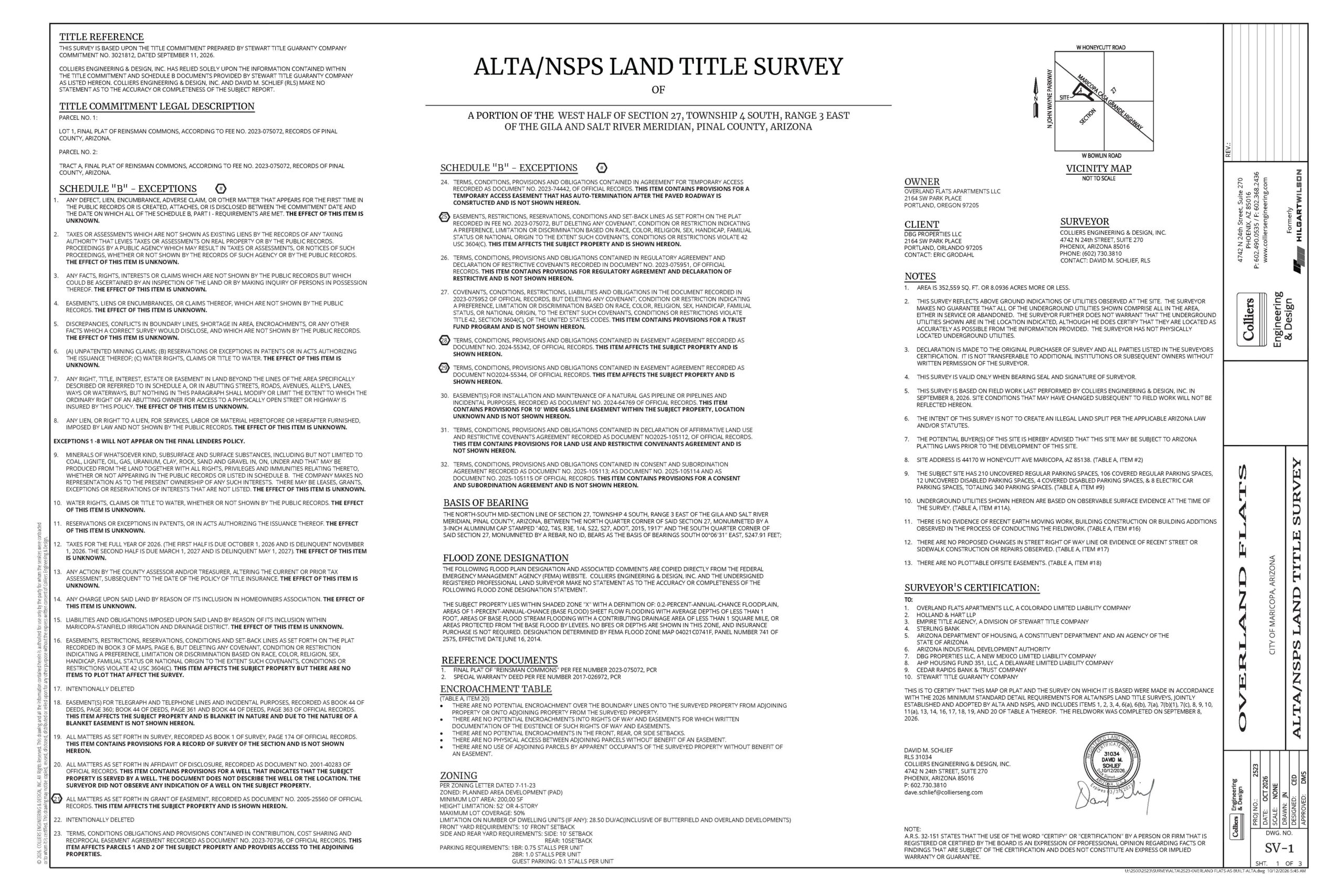 ALTA/NSPS Land Title Survey featuring details including basis of bearing, flood zone designation and client information.